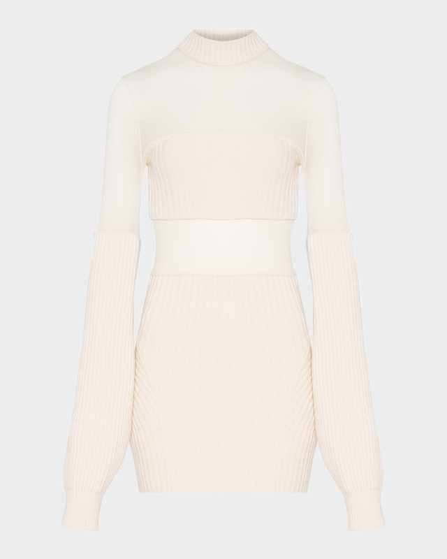 Mesh Cutout Ribbed Knit Long-Sleeve Mini Dress
